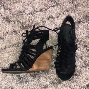 Black lace up wedge sandals